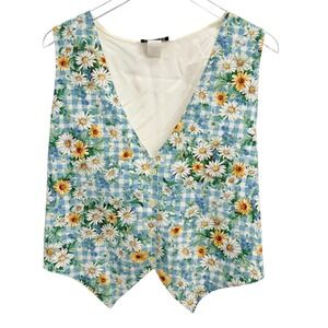 Vintage 111 Main Daisy Floral Gingham Vest Size L Cottagecore 90s Blue White